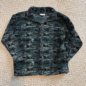 VTG Black Mountain Fleece Jacket Green Black Fish Sherpa Full Zip Gorpcore S USA